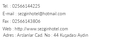 Sezgin Hotel telefon numaralar, faks, e-mail, posta adresi ve iletiim bilgileri